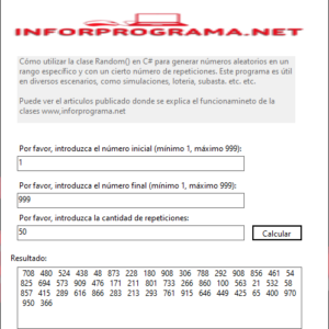 Captura de pantalla C# generador de números aleatorios con rango y repeticiones especificadas