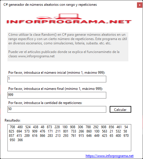 Captura de pantalla C# generador de números aleatorios con rango y repeticiones especificadas