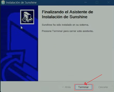 Fin de la instalación de sunshine pulsamos en terminar.